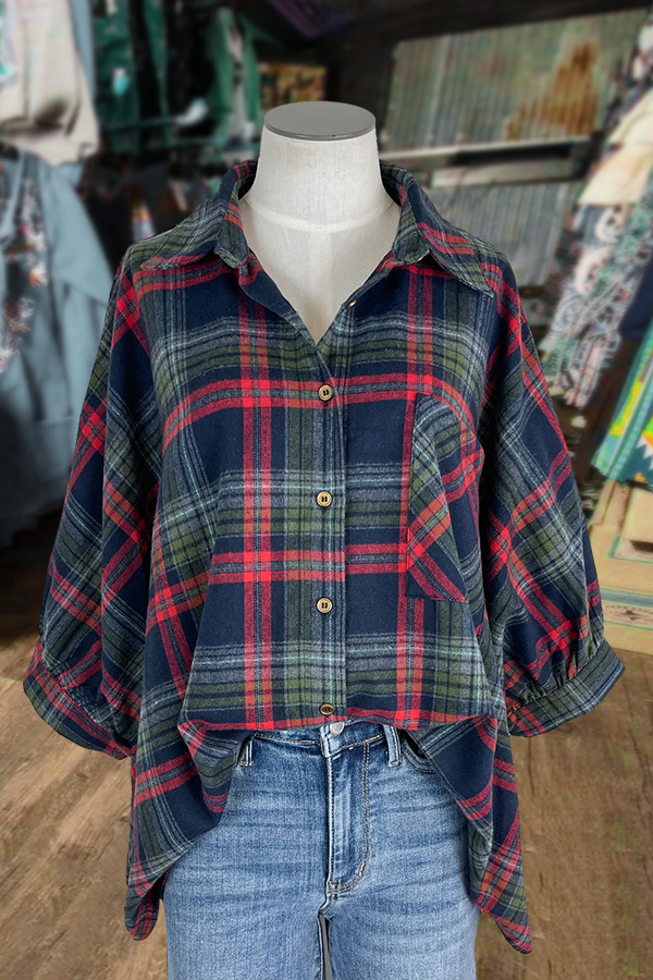 Plaid Print Bubble Sleeve Collared Blouse