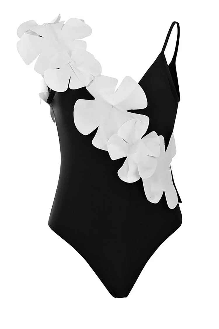 1950s Black Vacation Flower Decoration Cami Sleeveless Swimsuit
