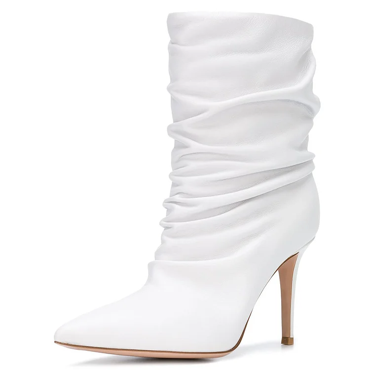 White Pointy Toe Stiletto Booties Fashion Slouch Boots |FSJ Shoes