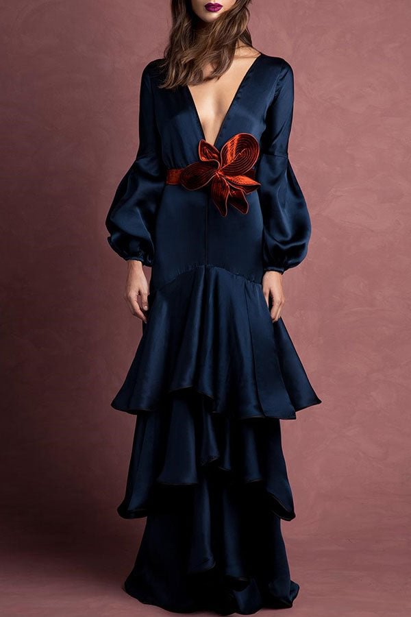 Dark Navy V-neck Layered Hem Long Dress - BlackFridayBuys