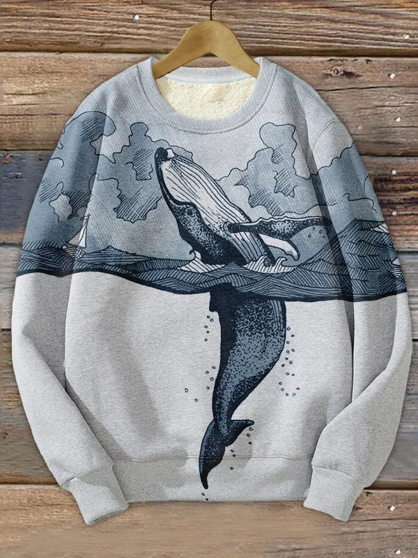 Men's Casual Breaching Whale Art Printed Crew Neck Sweatshirt