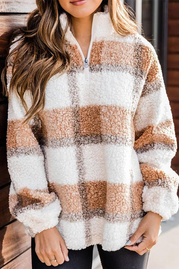 Casual Plaid Split Joint Zipper Mandarin Collar Tops - Life is Beautiful for You - SheChoic