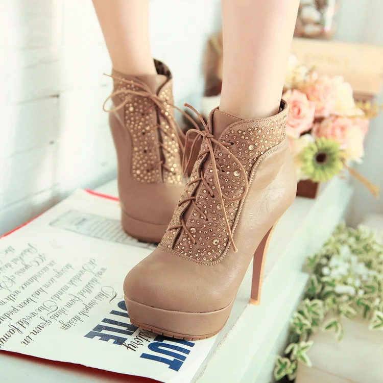 Khaki Rhinestone Platform Booties Vdcoo