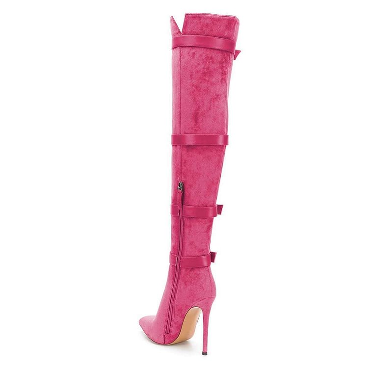 Hot Pink Buckle boots Pointy Toe Stiletto Heel Suede Long Boots |FSJ Shoes