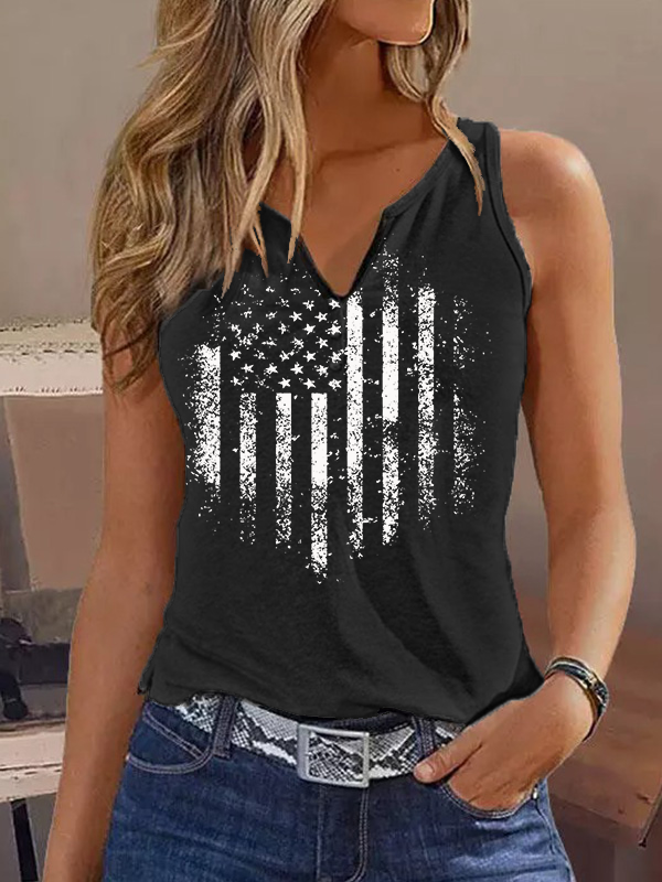 American Flag Print Notched Neck Tank
