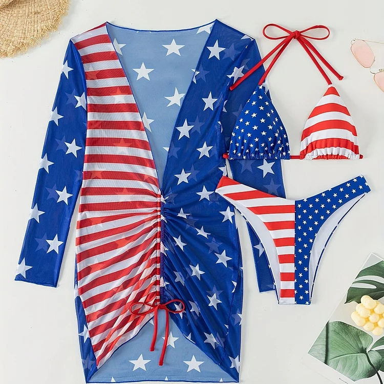 Sleeveless Halter Loose Independence Day National Flag Printing Three-Piece Swimsuit