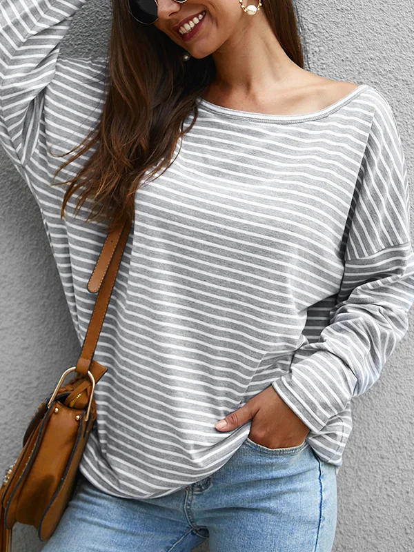 Casual Roomy Batwing Sleeves Striped Square-Neck T-Shirts Tops