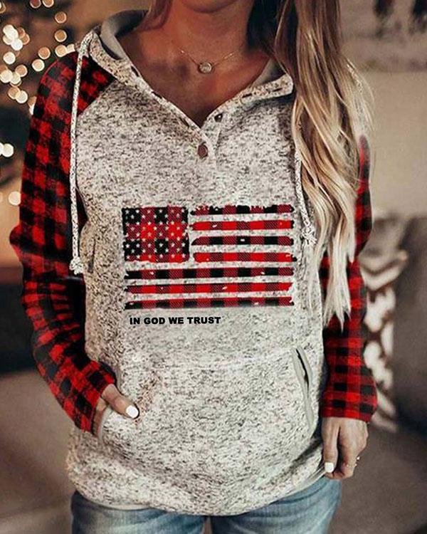 Red Flag Print Cotton-Blend Button Hoodie Winter Fleece Sweatshirt - Chicaggo
