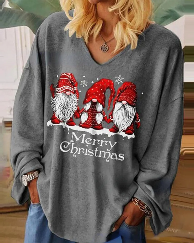 Plus Size Christmas Style Long Sleeve V-neck Printed T-shirt VangoghDress