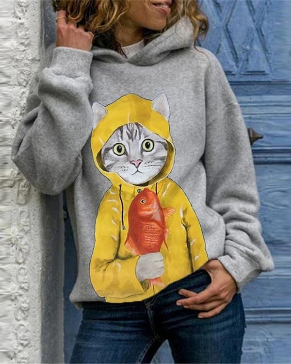 Cartoon Cat Print Long Sleeve Casual Hoodie For Women - Chicaggo