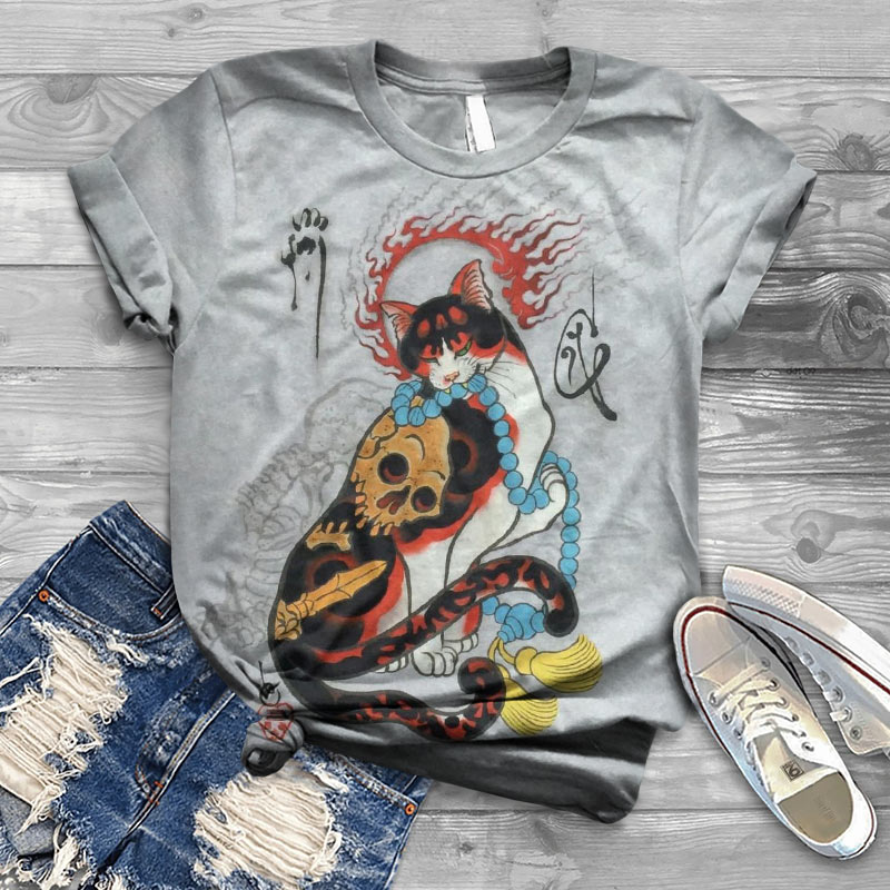 Japanese Ancient Cat Demon Print T-shirt