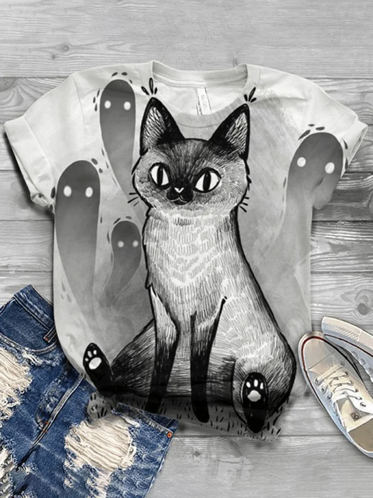 Bestdealfriday White Black Cotton Printed Crew Neck Casual Shirts Tops 8871340