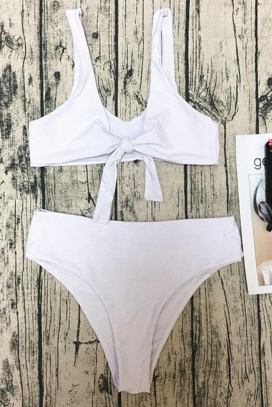 White Scoop Front Tie Knotted High Cut Sexy Bikini Swimsuit - Shop Trendy Women's Clothing | LoverChic