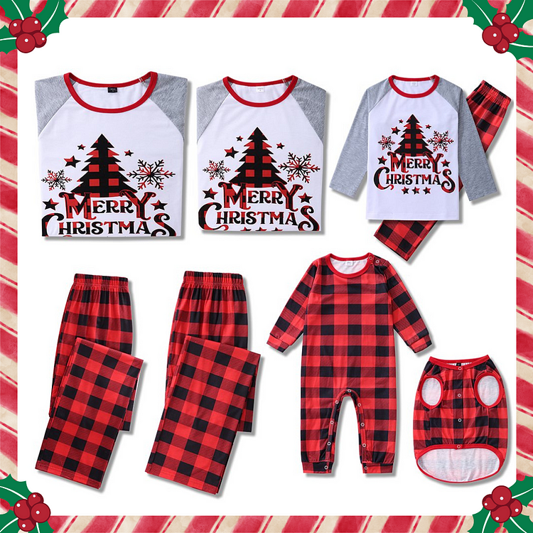 Merry Christmas Tree Print Classic Red Plaids Pajamas Sets With Dog