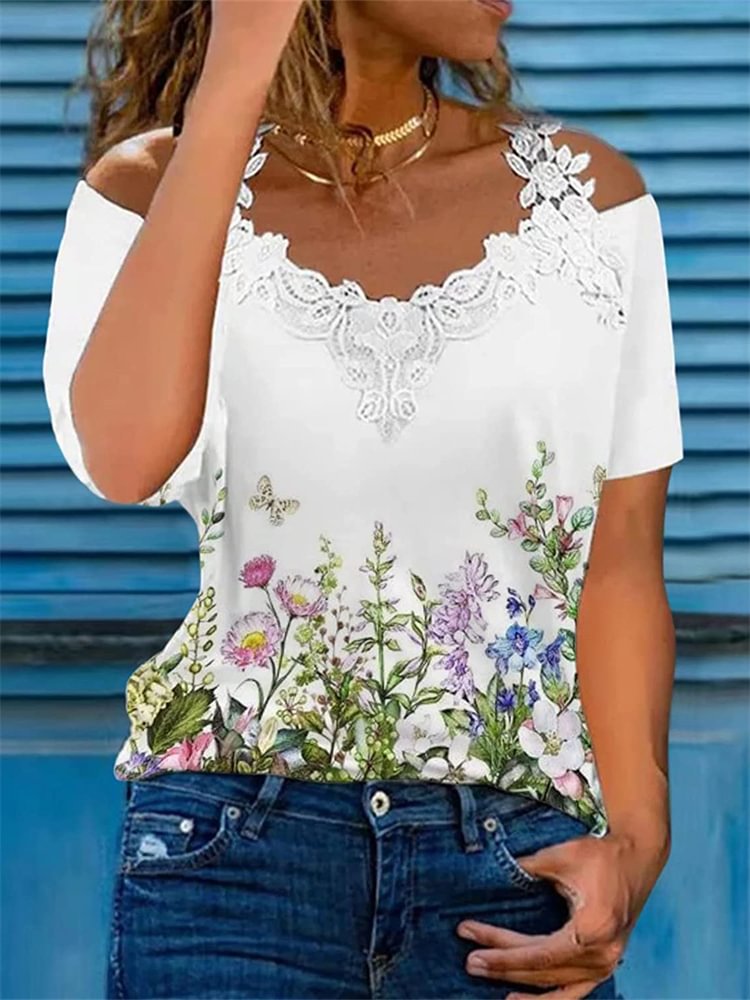 Comstylish Flowers Graphic Lace Hollow Shoulder T Shirt