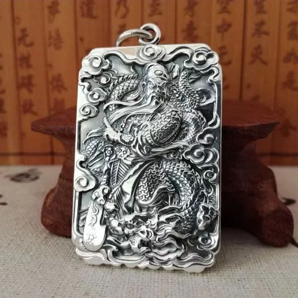 Sterling Silver Guan Gong Auspicious Clouds Amulet Pendant Necklace