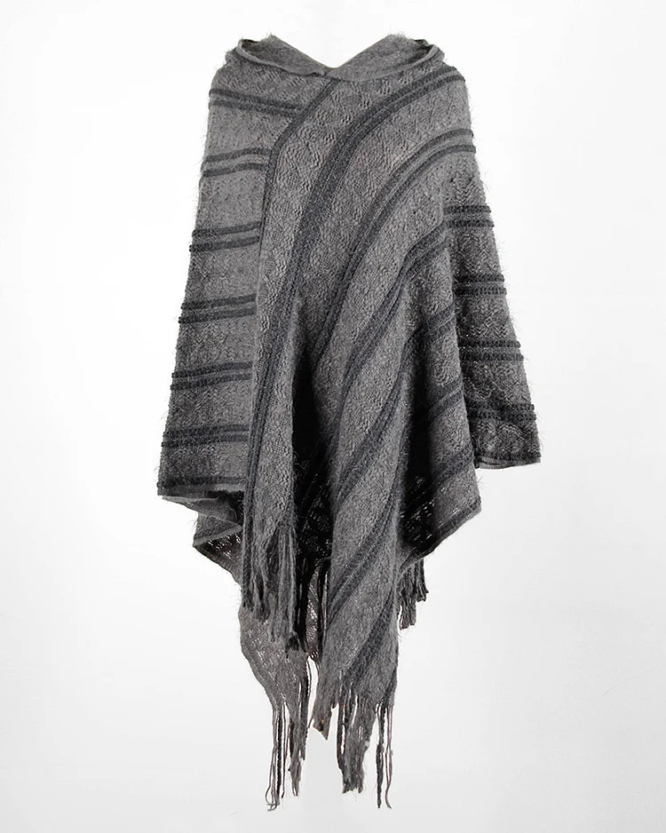 Casual Striped Knitted Hooded Shawl Sweater