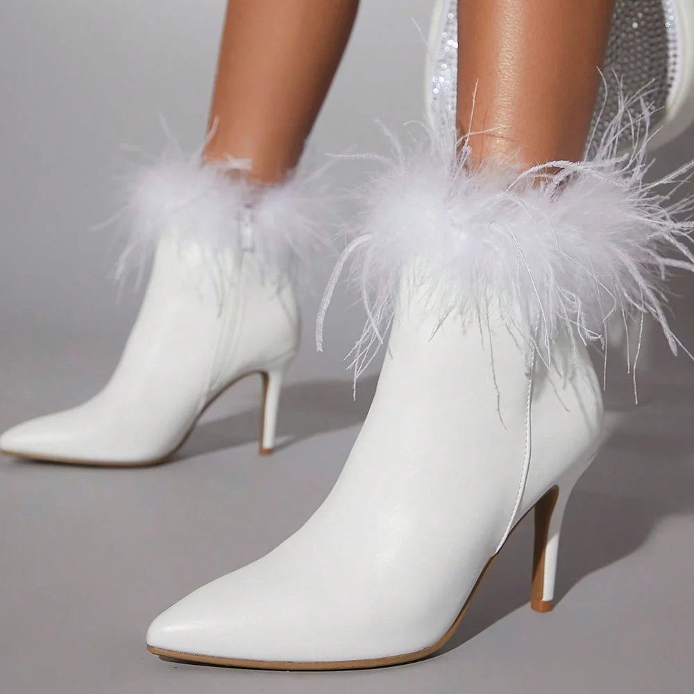 White Pointed Toe Faux Feather Ankle Boots with Stiletto Heels Nicepairs