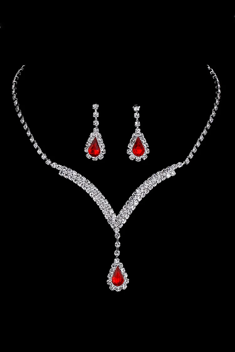 V-Shaped Rhinestone Drop Shaped Pendant Necklace Dangle Earrings  Jewelry Set-Red