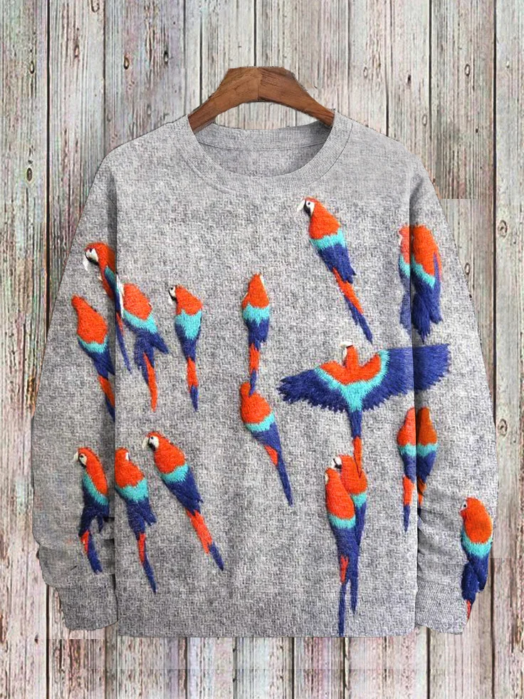 Men's Flying Parrot Bird Felt Embroidery Print Sweatshirt