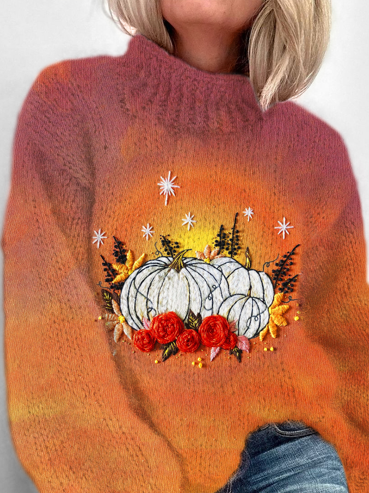 Comstylish Halloween Candlelight Pumpkin Embroidery Women's Turtleneck