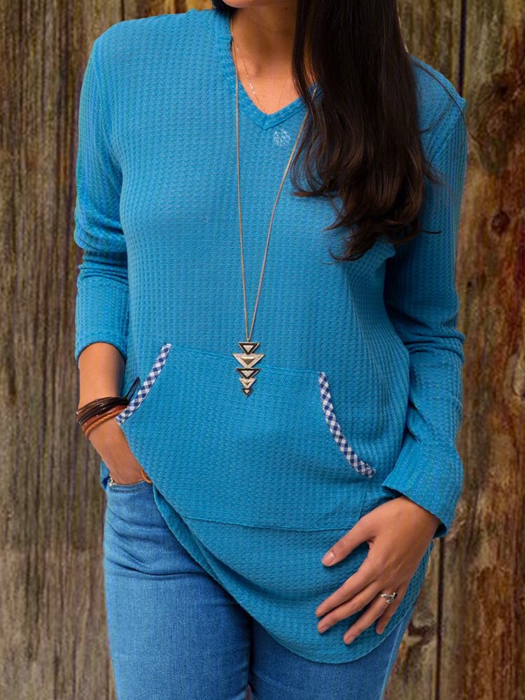 Plaid Print Patchwork Long Sleeve V neck Casual Blouse For Women P1745983