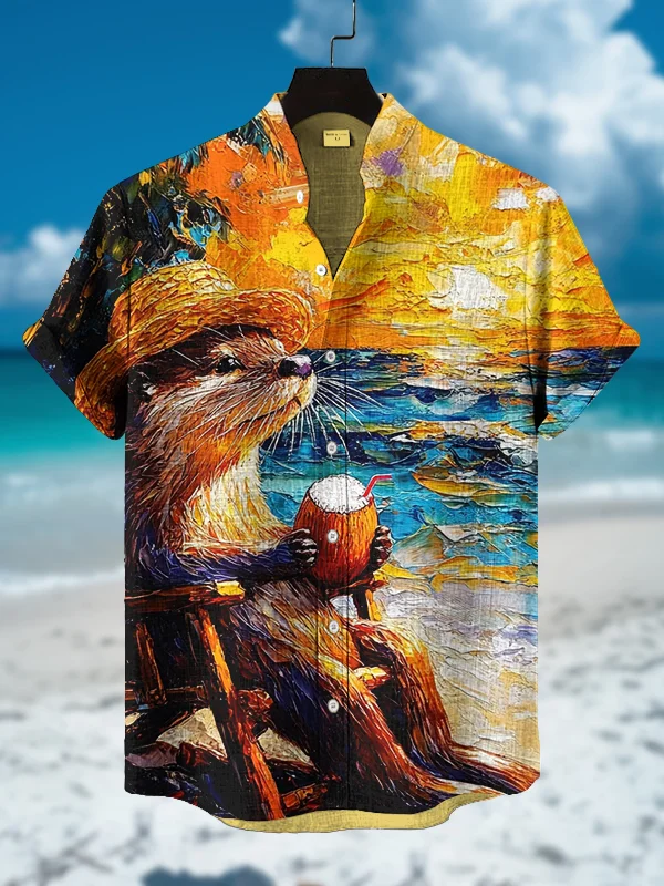 Men's Otter Beach Holiday Oil Painting Print Shirt