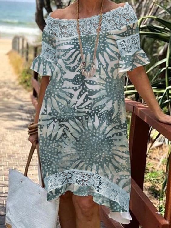 A-line Dress Lace Sleeves Pleated Cotton and Linen Dress M-5XL - Chicaggo