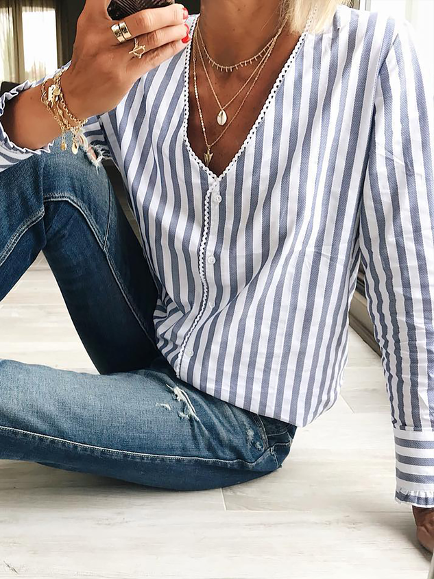 Women Striped Casual V Neck Loose Long Sleeve Blouse socialshop