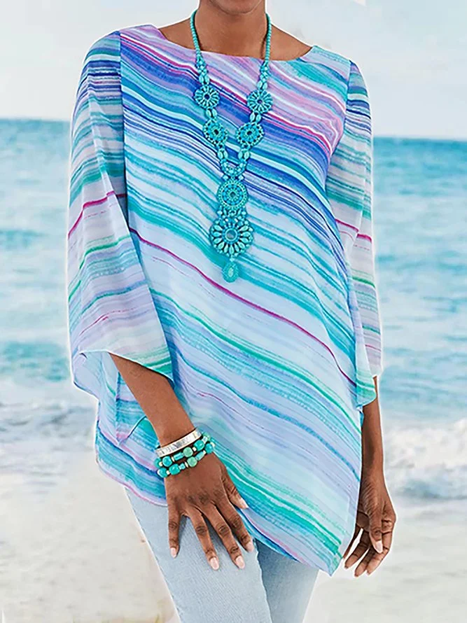 Irregular Hem Multi-color Striped Plus Size Shirts Zaesvini