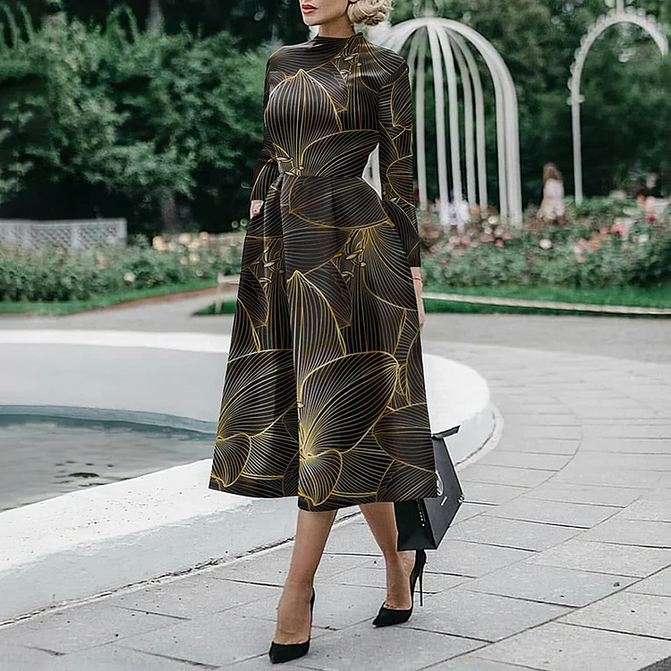 Vefave Elegant Print Pocket Tunic Midi Dress