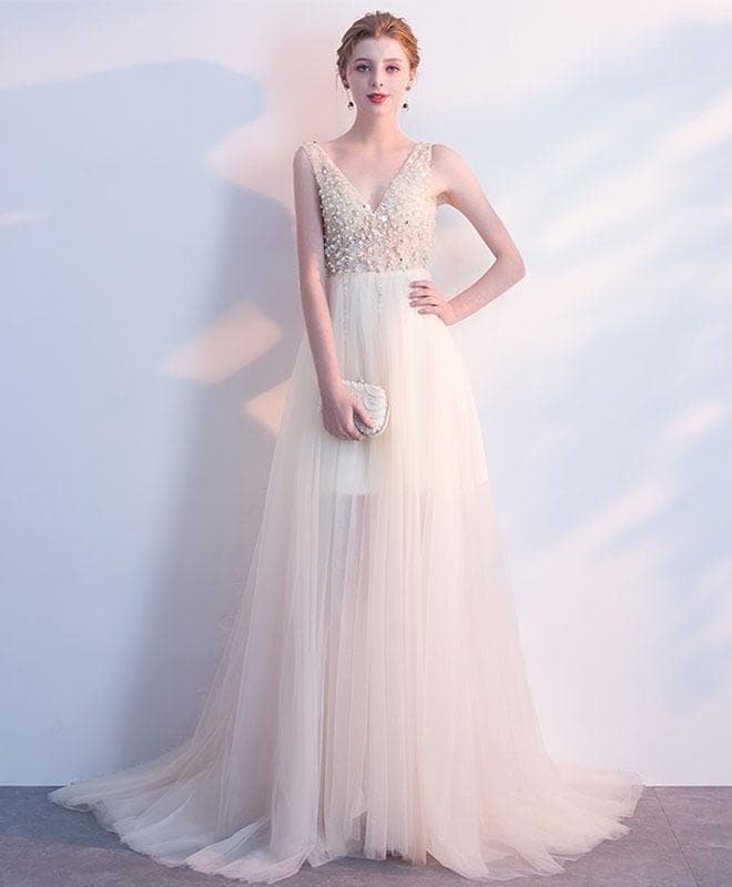 Champagne V Neck Tulle Long Prom Dress, Formal Dress