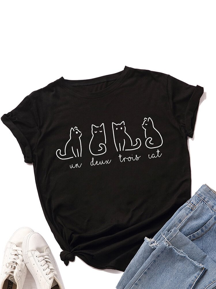 Cartoon Cat Letters Printed Short Sleeve O neck T shirt For Women P1711840