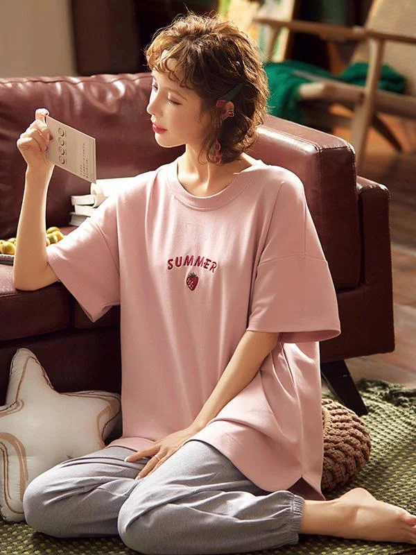 Two-Pieces Loose Fruit-Patterned Short Sleeves Pajamas Suits
