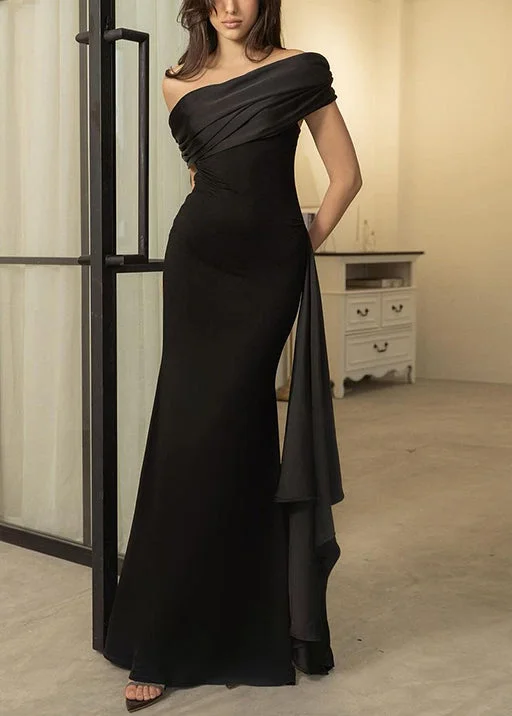 Elegant Black Asymmetrical High Waist Cotton Long Dresses Summer