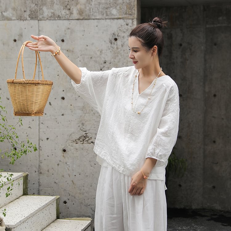 White Linen Blouse-ChouChouHome