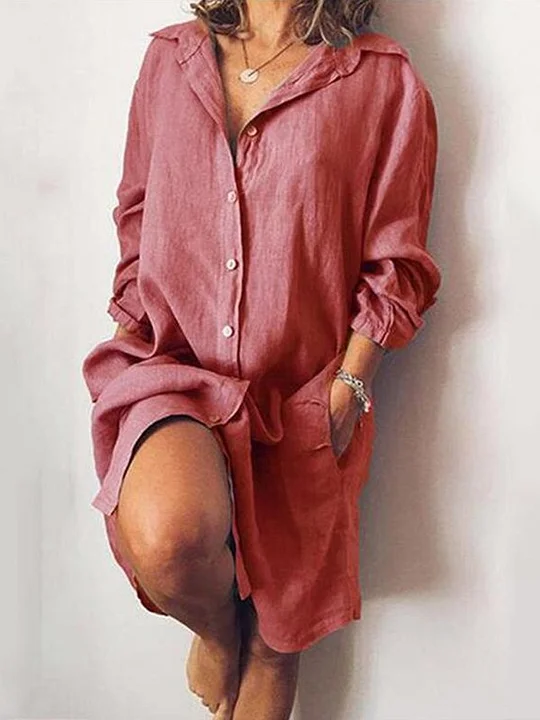 Buttoned Casual Linen Shirt Dress With Pockets