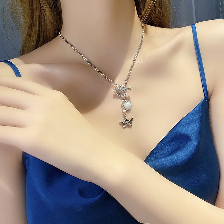 Angel & Heart Pendant Stainless Steel Necklace YP1994