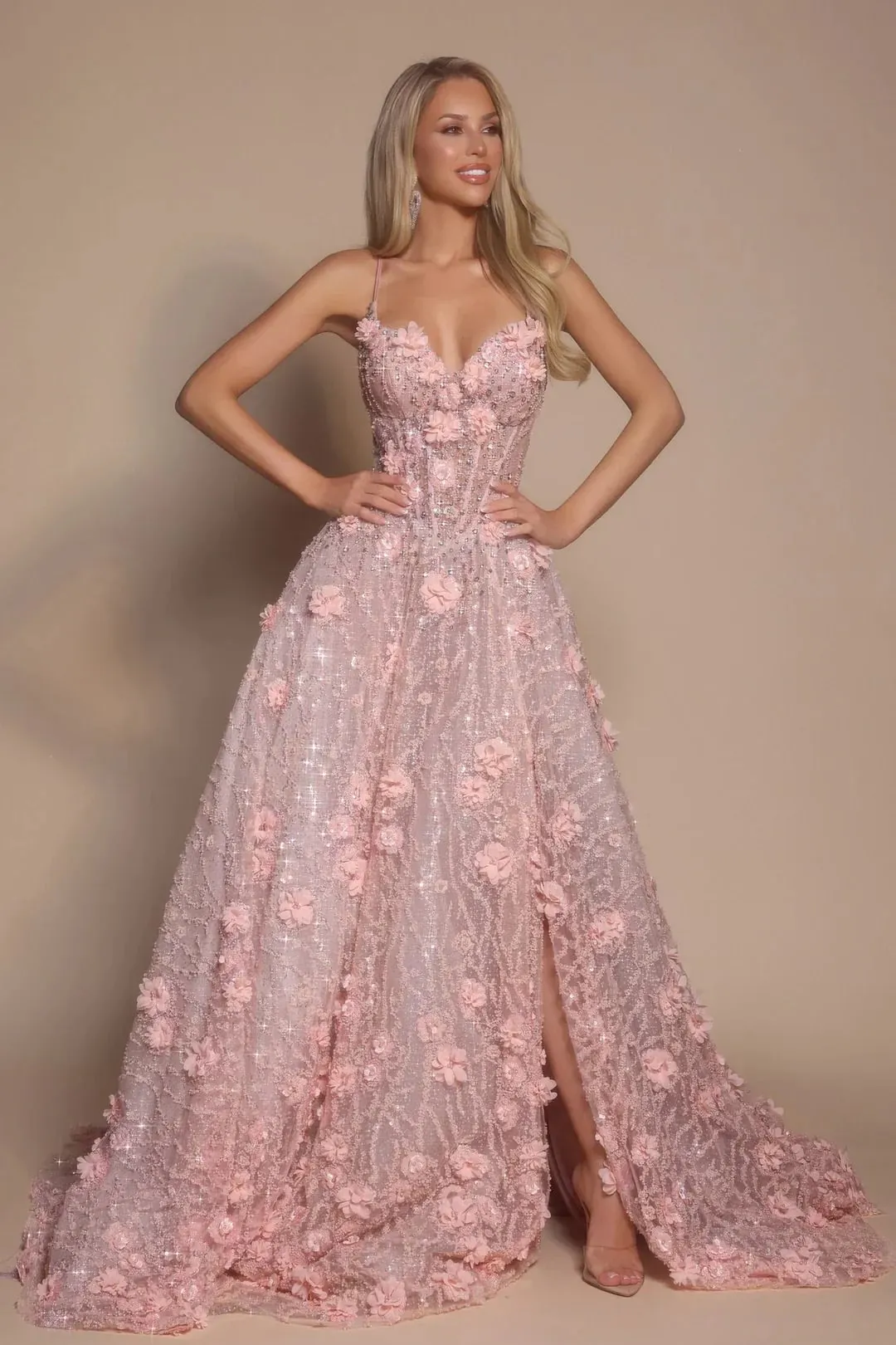 V-Neck Spaghetti Straps Sleeveless High-Waisted Long A Line Prom Dress With Appliques And Beading | JZ0214 Wellcucu