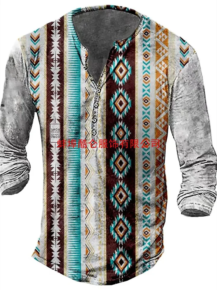 Men's Henley Shirt T shirt Tee Tee Graphic Tribal Vintage Henley Blue Purple Khaki Red Light Blue Plus Size Street Casual Long Sleeve Button-Down Print Clothing Apparel Basic Ethnic Style Casual-Cosfine