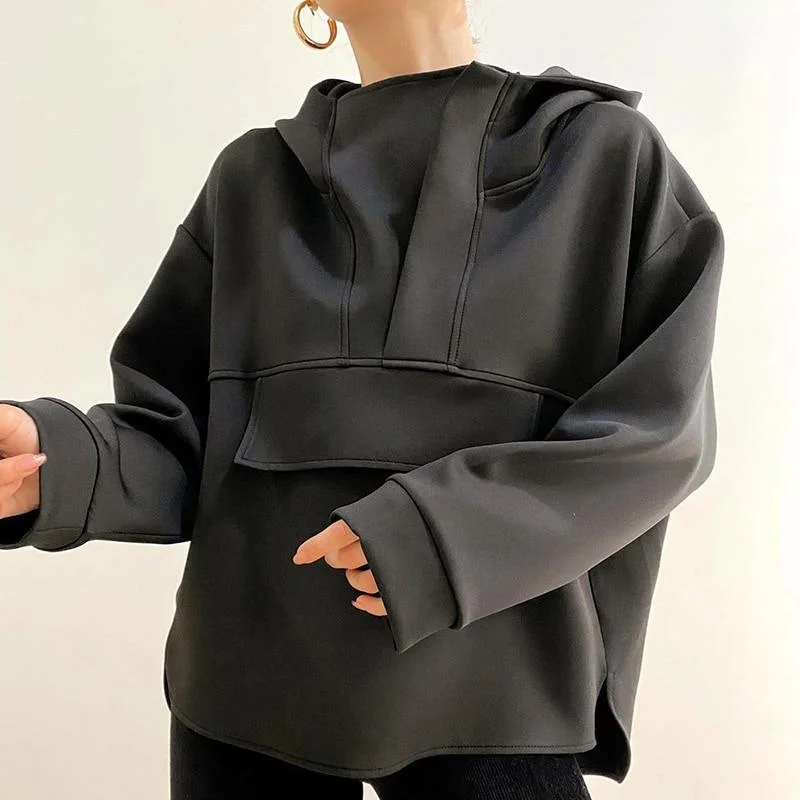 InstaHot Fashion Women Hoodies Oversize Asymmetric Hem Solid Black White Autumn Sweatshirt Loose Streetwear Hooded Pullover Tops