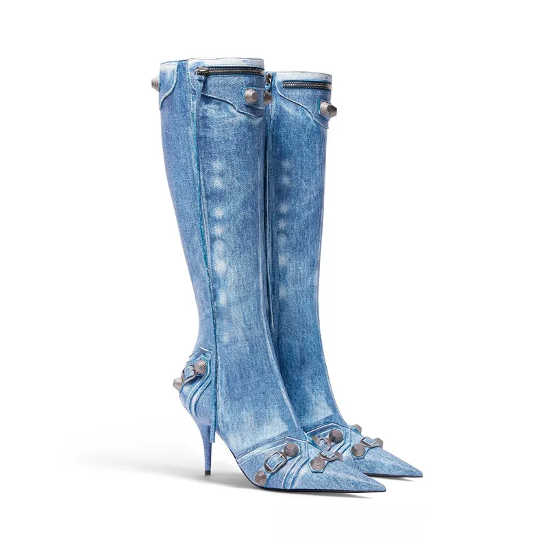 VCSHOES Women Pointed Toe Metallic Rivets Studs Punk Boots Knee High Neon Pink Jeans Pink Long Gothic Boots Side Zipper 45