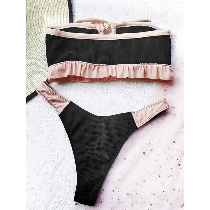 Pleated Tube Top Bikini Patchwork Swimsuit Women S Swimwear