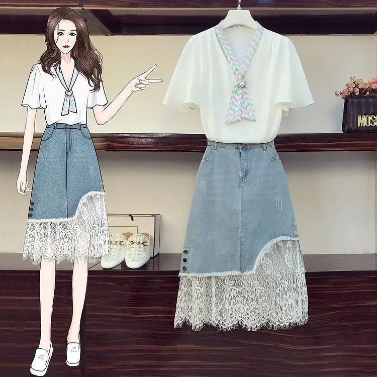 Sweet Tie T-Shirt+Chic Denim Skirt P15831