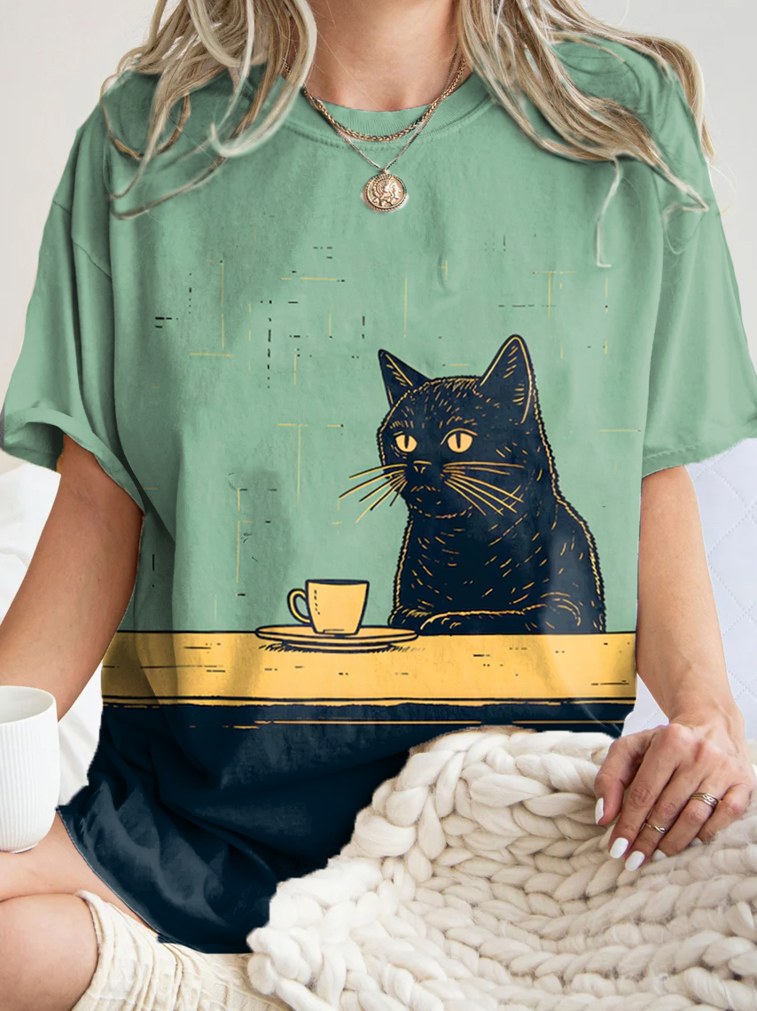 Women's Black Cat Chilling Coffee Art Print Round Neck Tee Women's Black Cat Chilling Coffee Art Print Round Neck Tee