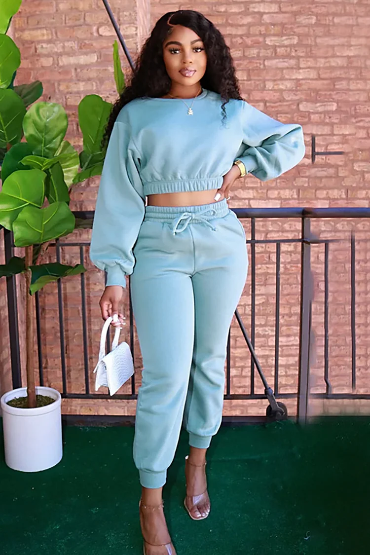 Plain Crop Sweatshirts Elastic Drawstring Jogger Pants Matching Set
