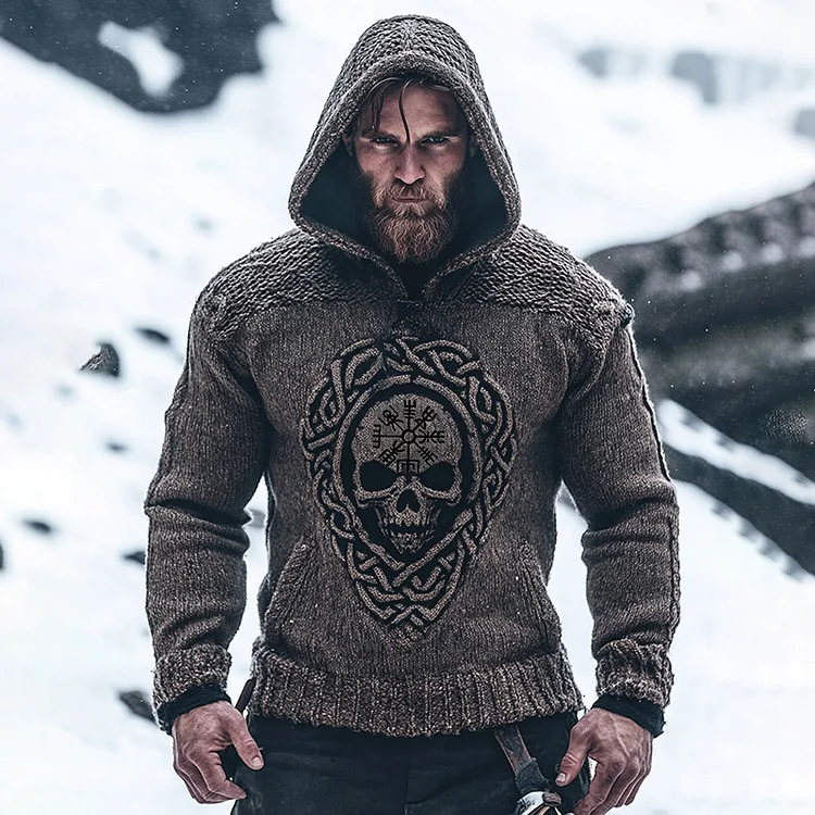 Men's Viking Tribal Skull Runes Retro Knit Hooded Sweater