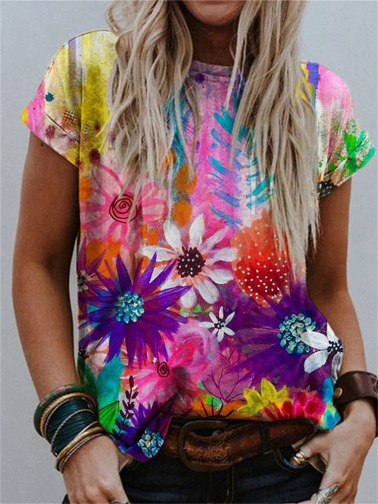 Colorful Fower Painting Print T Shirt