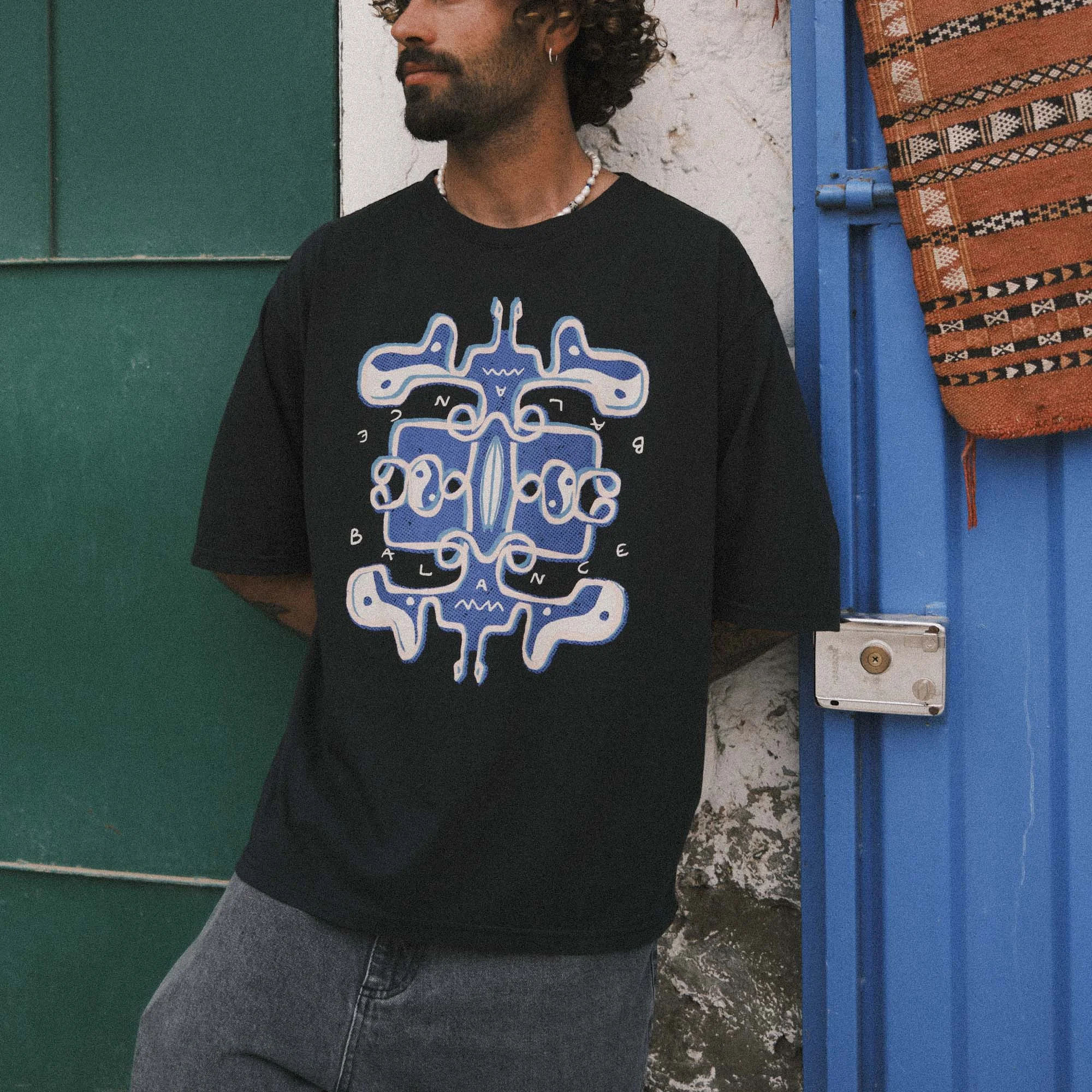 thesupersurf Cotton Blend Black T-Shirt with Embroidered 'Eat Waves' Noodle Design