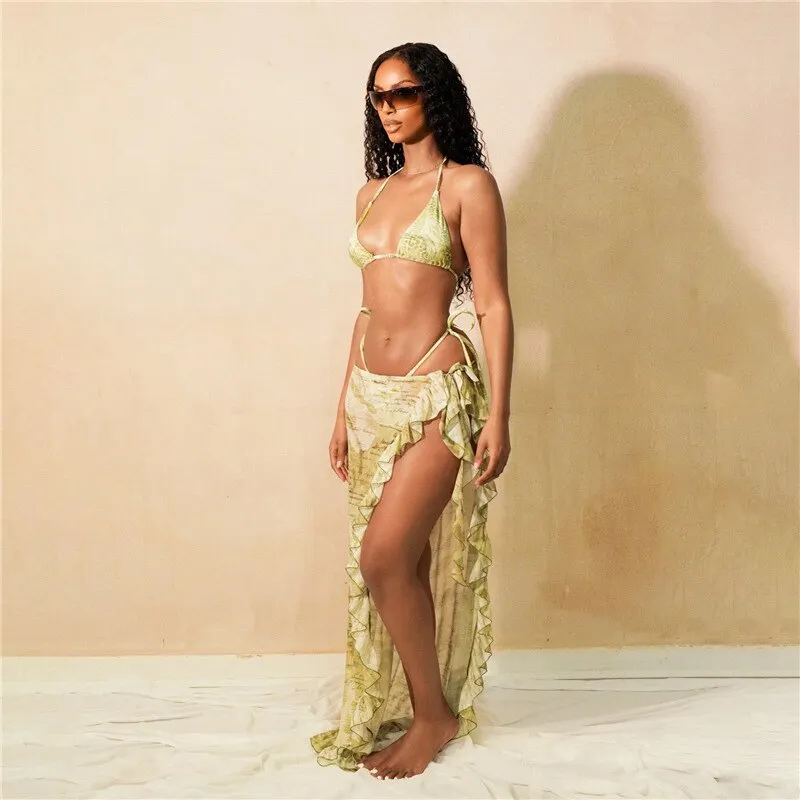 Billionm Sexy Women Vacation Piece Sets Print Bikini Sets Ruffles